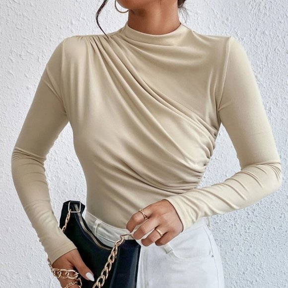 MODA ME COUTURE Tops - Womens Ruched Slim Fit Bodysuit beige